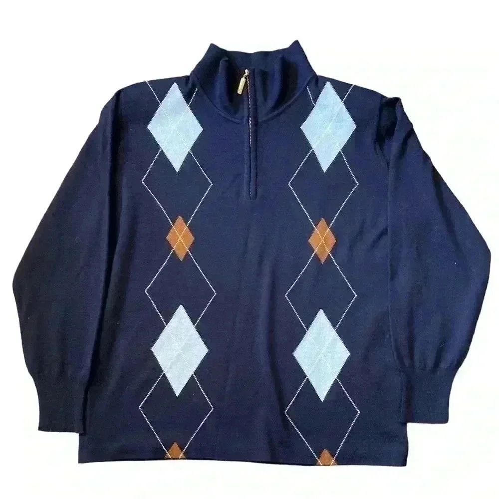 Vintage BODE Argyle Sweater Kashlaine Navy blue‎ Wool blend 25.5x21.5 inches